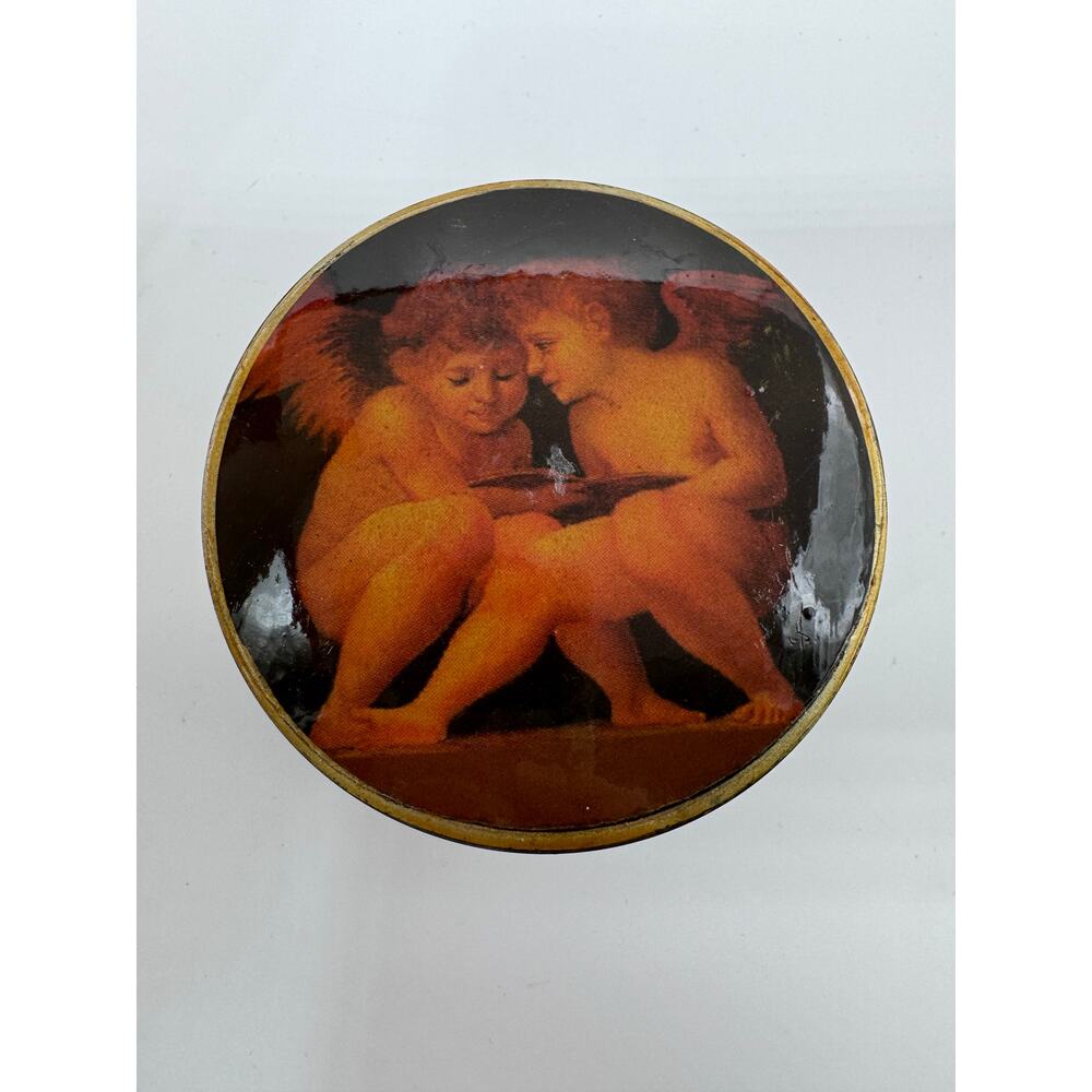 Vintage Russian Lacquer Trinket Jewelry Box Cherubs Scene Black Gold Round 4.5” - Picture 1 of 5